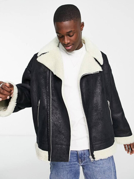 ASOS DESIGN faux shearling aviator jacket in black