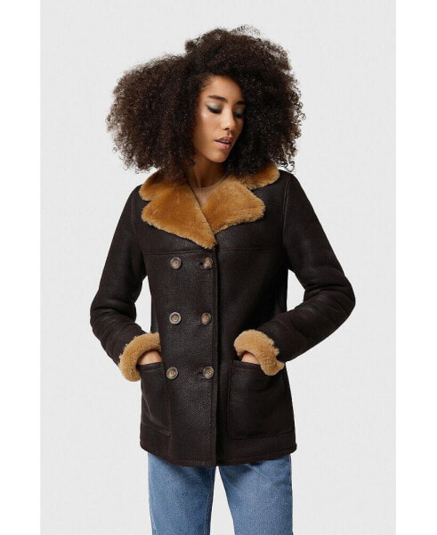 Women's Peacoat, Washed Brown with Ginger Wool