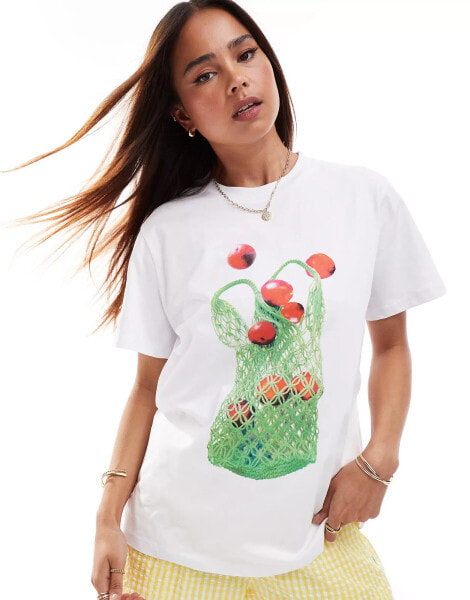 ASOS DESIGN oversized t-shirt with fruit in straw bag graphic in white