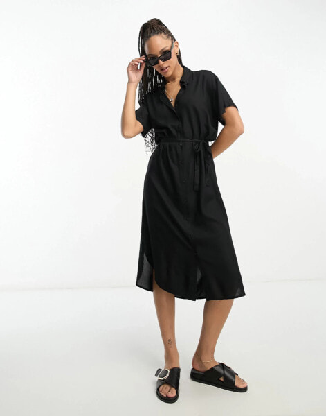 Vero Moda shirt midi dress with tie belt in black