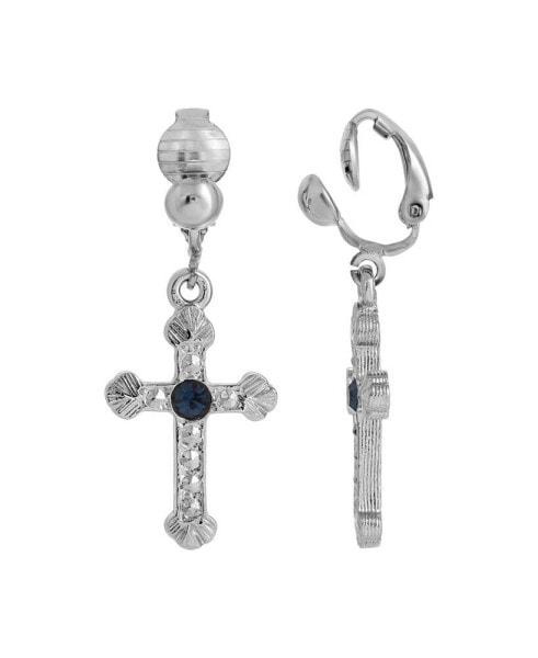 Silver-Tone Blue Crystal Accent Cross Clip Earrings
