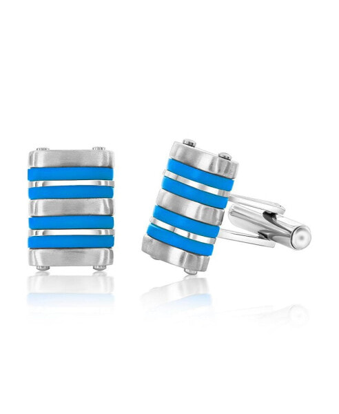Stainless Steel Blue Rubber Striped Cuff Links