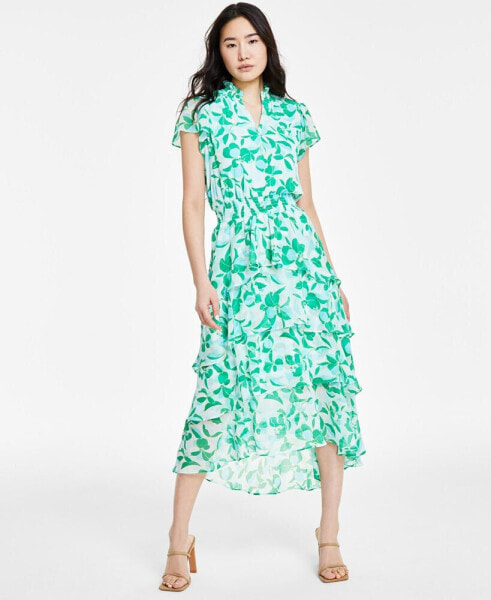 Women's Floral-Printed Smocked-Waist Tiered Midi Dress