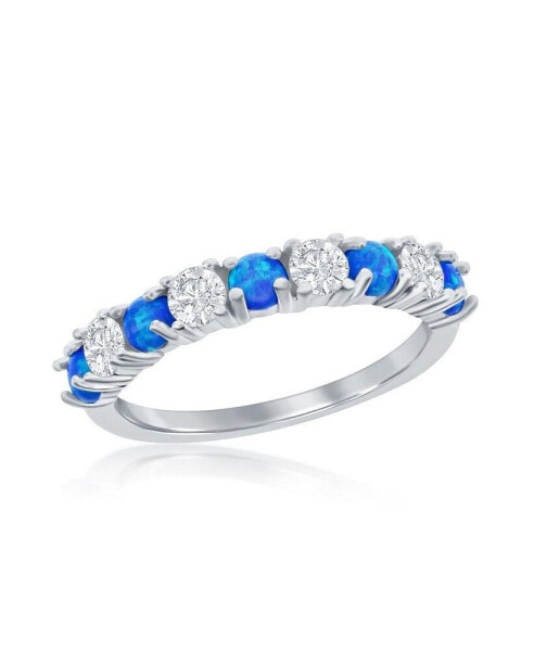 Sterling Silver White CZ & Blue Opal Band Ring