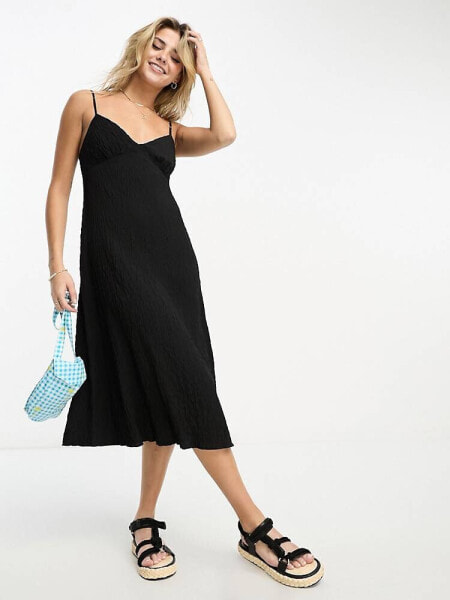 Stradivarius crinkle cami midi dress in black