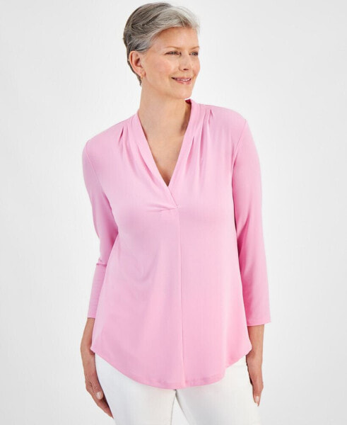 Women's 3/4 Sleeve V-Neck Pleat Top, Created for Macy's