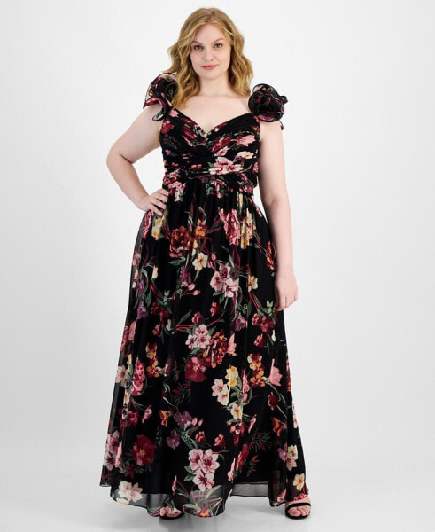 Trendy Plus Size Floral-Print Ruffle-Strap Gown