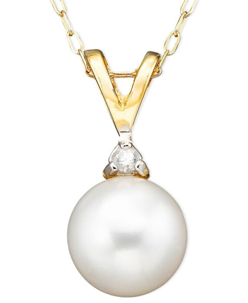 Pearl Cultured Freshwater Pearl (6-1/2mm) and Diamond Accent Pendant Necklace in 14k Gold