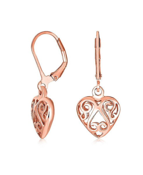 Open Lightweight Scroll Filigree Multi Heart Shape Puff Hearts Drop Dangle Earrings For Women Rose Gold Plated Sterling Silver Lever back