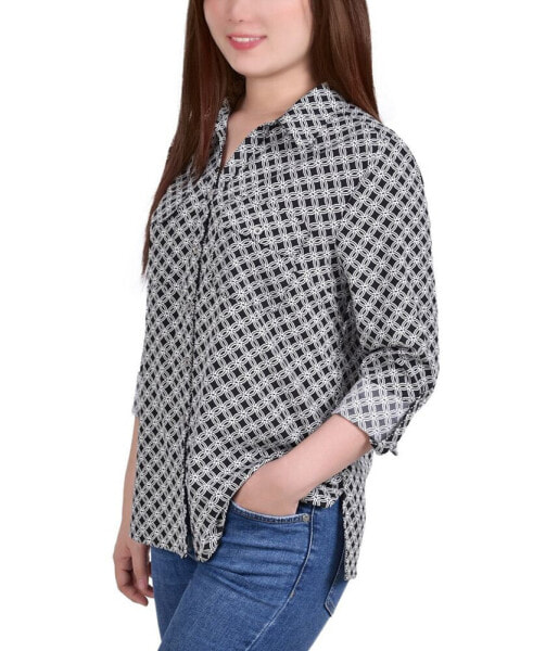 Petite 3/4 Sleeve Roll Tab Notch Collar Blouse