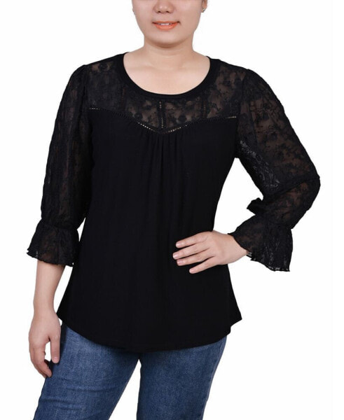 Petite 3/4 Sleeve with Embroidered Mesh Yoke and Sleeves Crepe Top