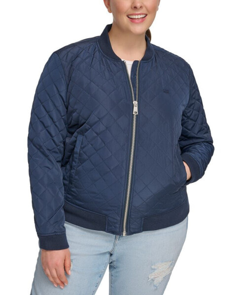 Plus Size Trendy Diamond Quilted Bomber Jacket