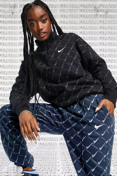 Trend Swoosh Printed Fleece Hoodie 1/4 Zip Yarım Fermuarlı Sweatshirt Siyah