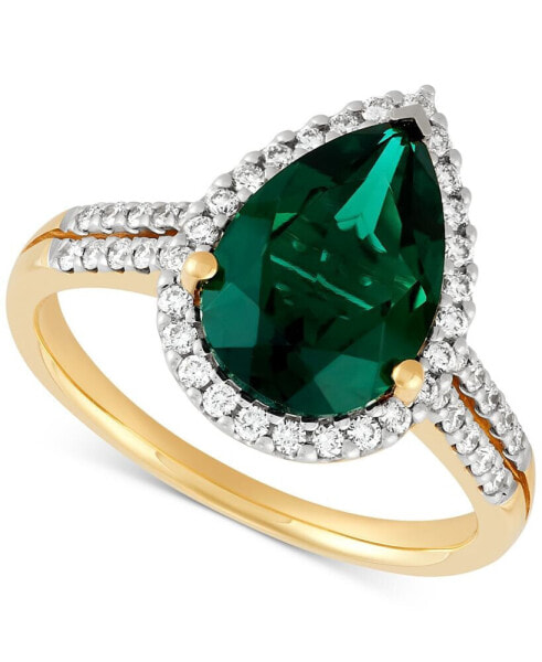 Lab Grown Emerald (2-1/2 ct. t.w.) & Lab Grown Diamond (3/8 ct. t.w.) Pear Halo Ring in 14k Gold (Also in Lab Grown Sapphire)