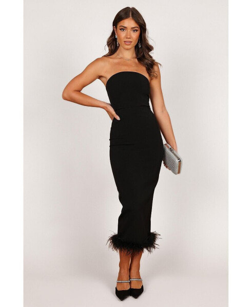 Women's Clara Feather Trim Midi Dress - Black