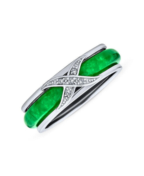 Pave CZ Accent Criss Cross Cubic Zirconia X Kiss Dyed Green Jade Band Ring For Women For .925 Sterling Silver