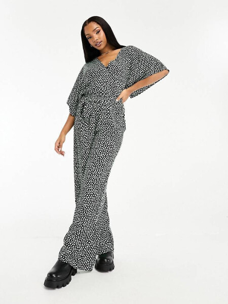 Wednesday's Girl v-neck wide sleeve belted jumpsuit in green spot