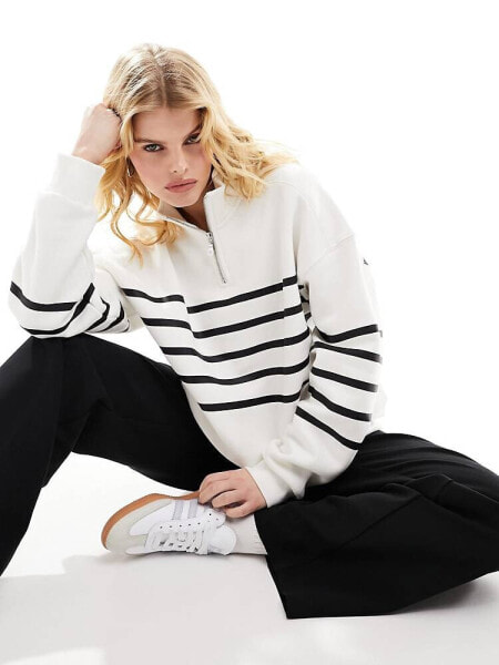 Bershka 1/4 zip sweatshirt in black & white stripe