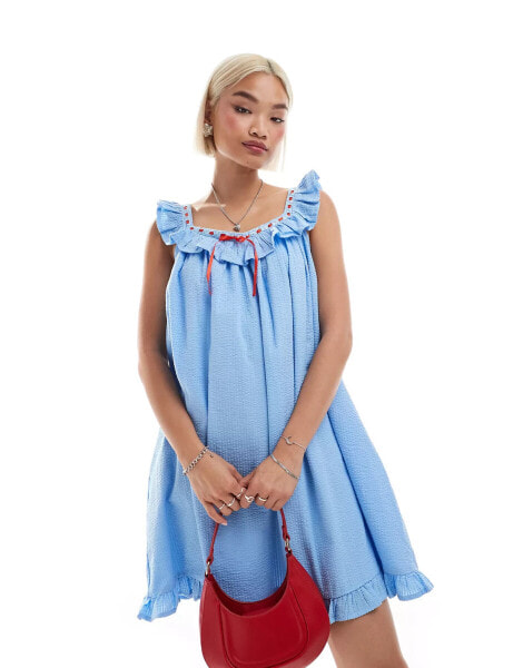 Neon Rose bow detail cami mini smock dress in baby blue