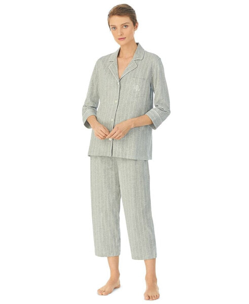 Womens 3/4 Sleeve Cotton Notch Collar Capri Pant Pajama Set