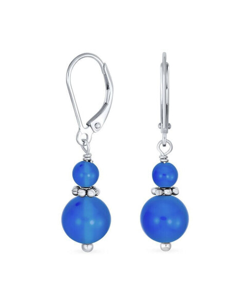 Gemstone Natural Blue Agate Boho Bali Milgrain Edged Beaded Rondel Separator Double Ball Round Drop Dangle Earrings Sterling Silver Lever back