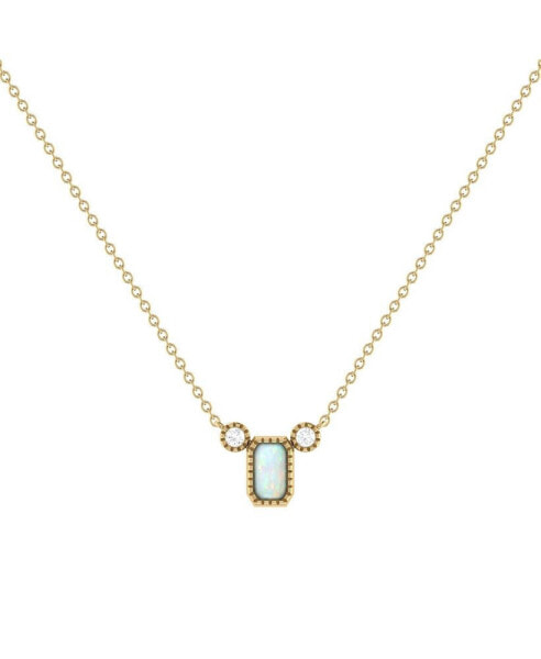 LuvMyJewelry emerald Cut Opal Gemstone, Natural Diamond 14K Yellow Gold Birthstone Necklace