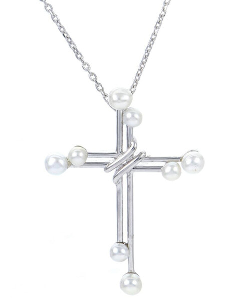 Macy's cultured Freshwater Pearl (2 - 3-1/2mm) Double Cross Pendant Necklace in Sterling Silver, 16" + 2" extender