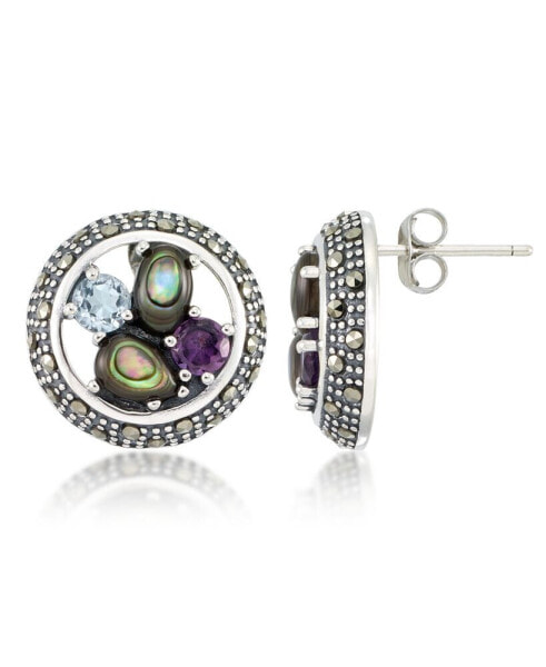 Marcasite, Amethyst (3/8 ct. t.w.) , Abalone (1-1/2 ct. t.w.) and Blue topaz (5/8 ct. t.w.) Round Post Earrings in Sterling Silver