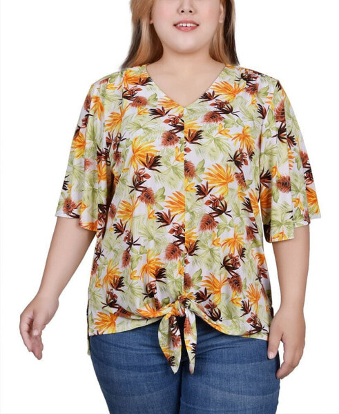 Plus Size Elbow Sleeve Tie-Front Top