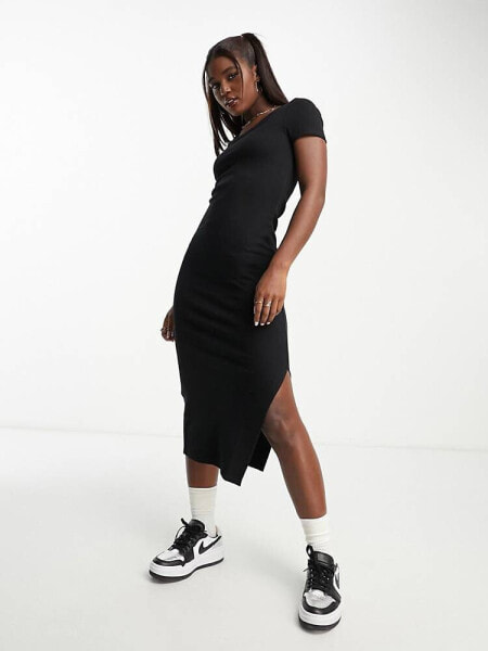 Cotton:On short sleeve ribbed midi dress in black