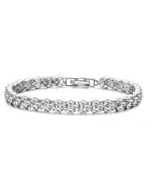 Sterling Silver with Rhodium Plated Clear Marquise Cubic Zirconia Three-Row Horizontal Bracelet