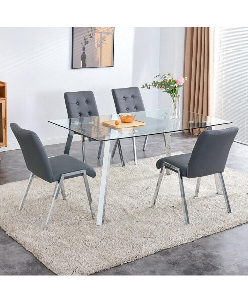 Стол обеденный прямоугольный Simplie Fun со стеклянной столешницей и 4 серыми стульями