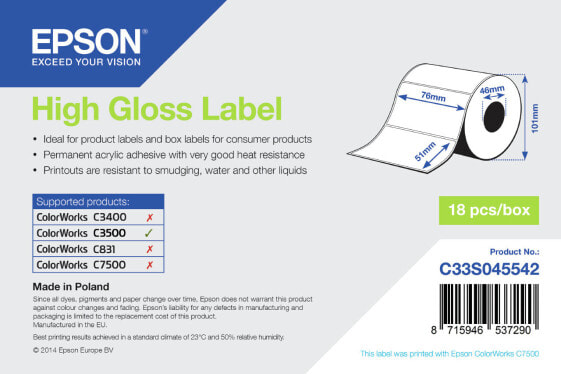 Epson High Gloss Label - Die-cut Roll: 76mm x 51mm - 610 labels - Gloss - Epson ColorWorks C7500G ColorWorks CW-C6500 ColorWorks CW-C6000Pe ColorWorks CW-C6000Ae... - 7.6 cm - 5.1 cm - 1 pc(s) - 113 mm