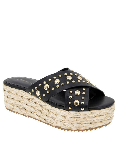 Women's Gladda Studded Flatform Raffia Slip-On Crossband Wedge Sandals