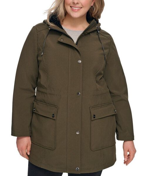 Women's Plus Size Drawstring-Hood Snap-Front Anorak Raincoat
