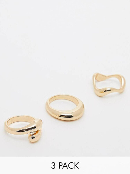 ASOS DESIGN pack of 3 rings with mixed minimal designs in gold tone