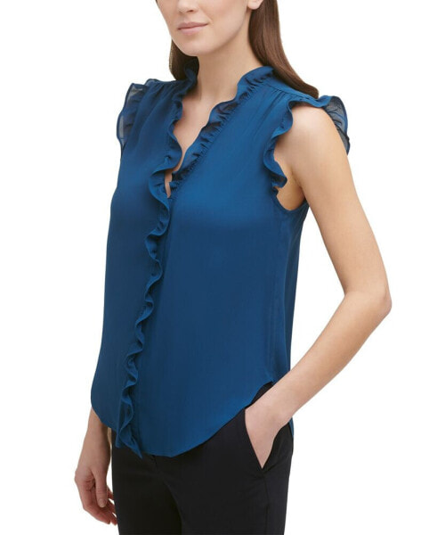 Petite V-Neck Ruffled Button-Front Sleeveless Top