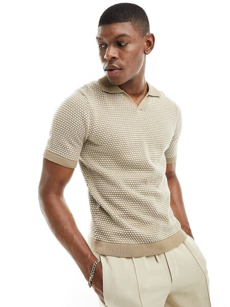 Only & Sons short sleeve knitted polo in beige with polka dot