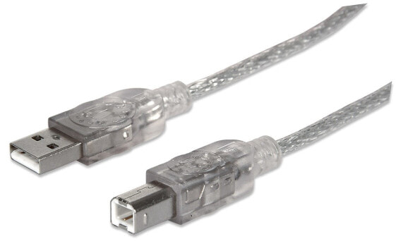 Manhattan USB-A to USB-B Cable - 1.8m - Male to Male - Translucent Silver - 480 Mbps (USB 2.0) - Equivalent to USB2HAB6T - Hi-Speed USB - Lifetime Warranty - Polybag - 1.8 m - USB A - USB B - USB 2.0 - 480 Mbit/s - Silver