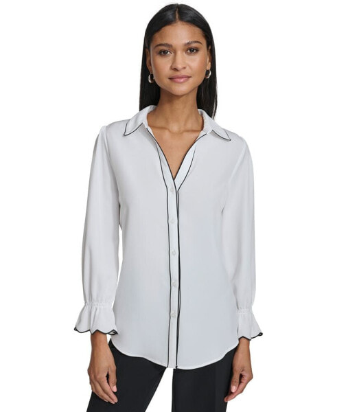 PARIS Women's Contrast-Trim Scalloped-Cuff Blouse