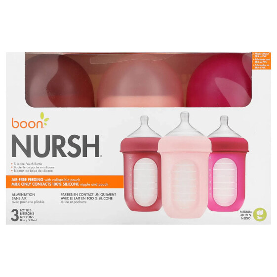 Nursh, Silicone Pouch Bottle, 3m+, Medium, 3 Bottles, 8 oz (236 ml) Each