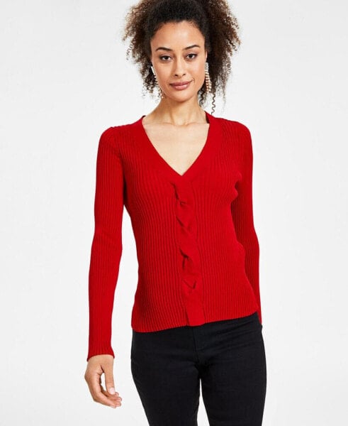 Women's Ribbed Cable-Front V-Neck Sweater, Created for Macy's