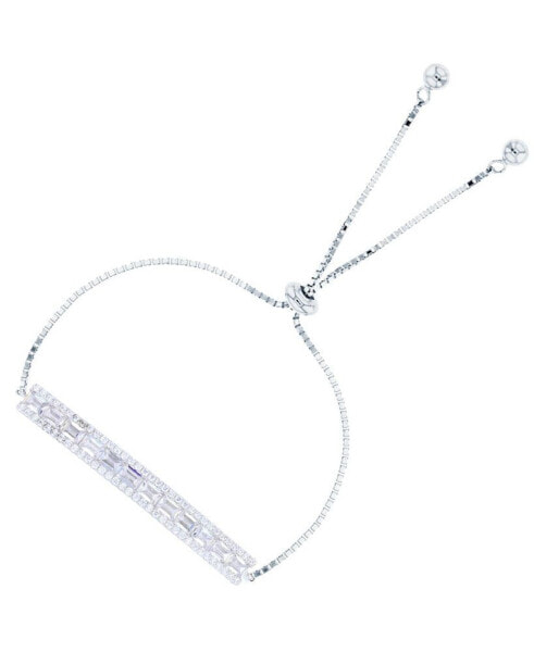 Cubic Zirconia Round and Baguette Bar Adjustable Bolo Bracelet in Sterling Silver (Also in 14k Gold Over Silver)