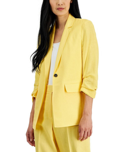 Women's Linen-Blend, One-Button Scrunch Sleeve Blazer