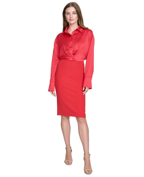 Women's Mixed Media Collared Long-Sleeve Dress