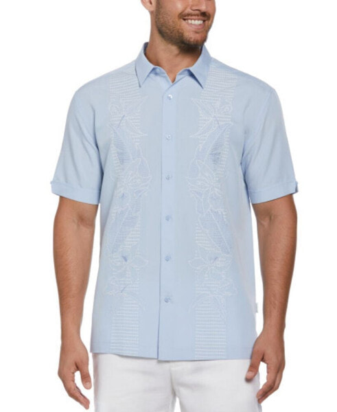 Men's Short Sleeve Button Front Floral Embroidered Panel Shirt