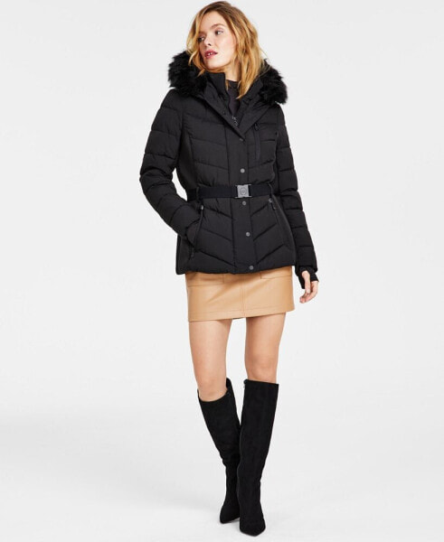 Women's Belted Faux-Fur-Trim Hooded Puffer Coat