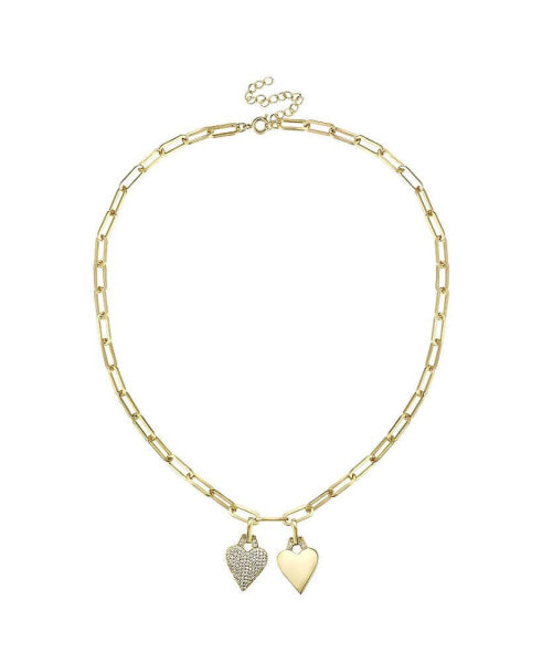 Sterling Silver 14k Gold Plated with Cubic Zirconia Double Heart Cable Chain Necklace