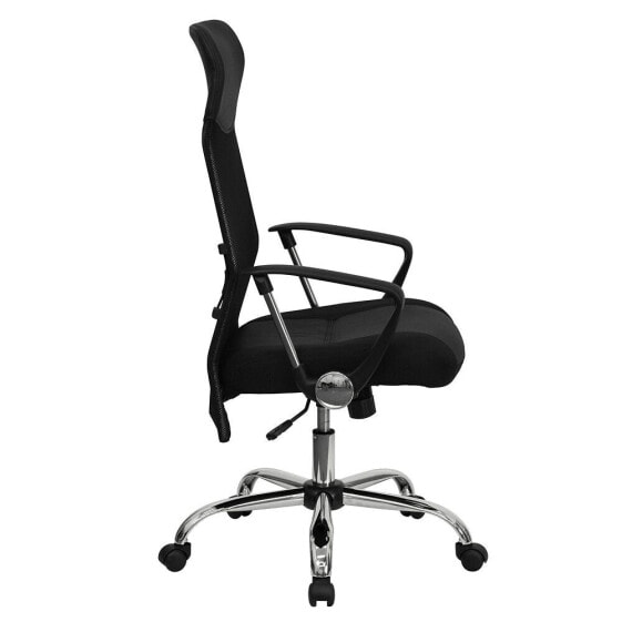 High Back Black Leather And Mesh Swivel Task Chair With Arms