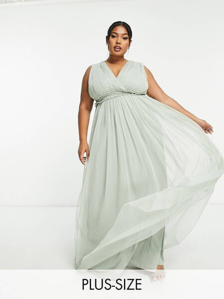 Anaya Plus Bridesmaid v neck ruffle waist maxi dress in sage green